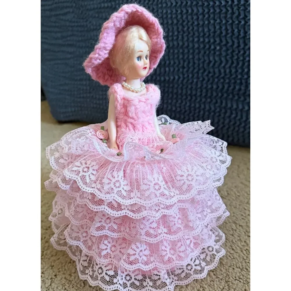 Vintage Handmade Crochet Doll Dress Toilet Paper Cover Pink Yarn Lace Pearl Hat
